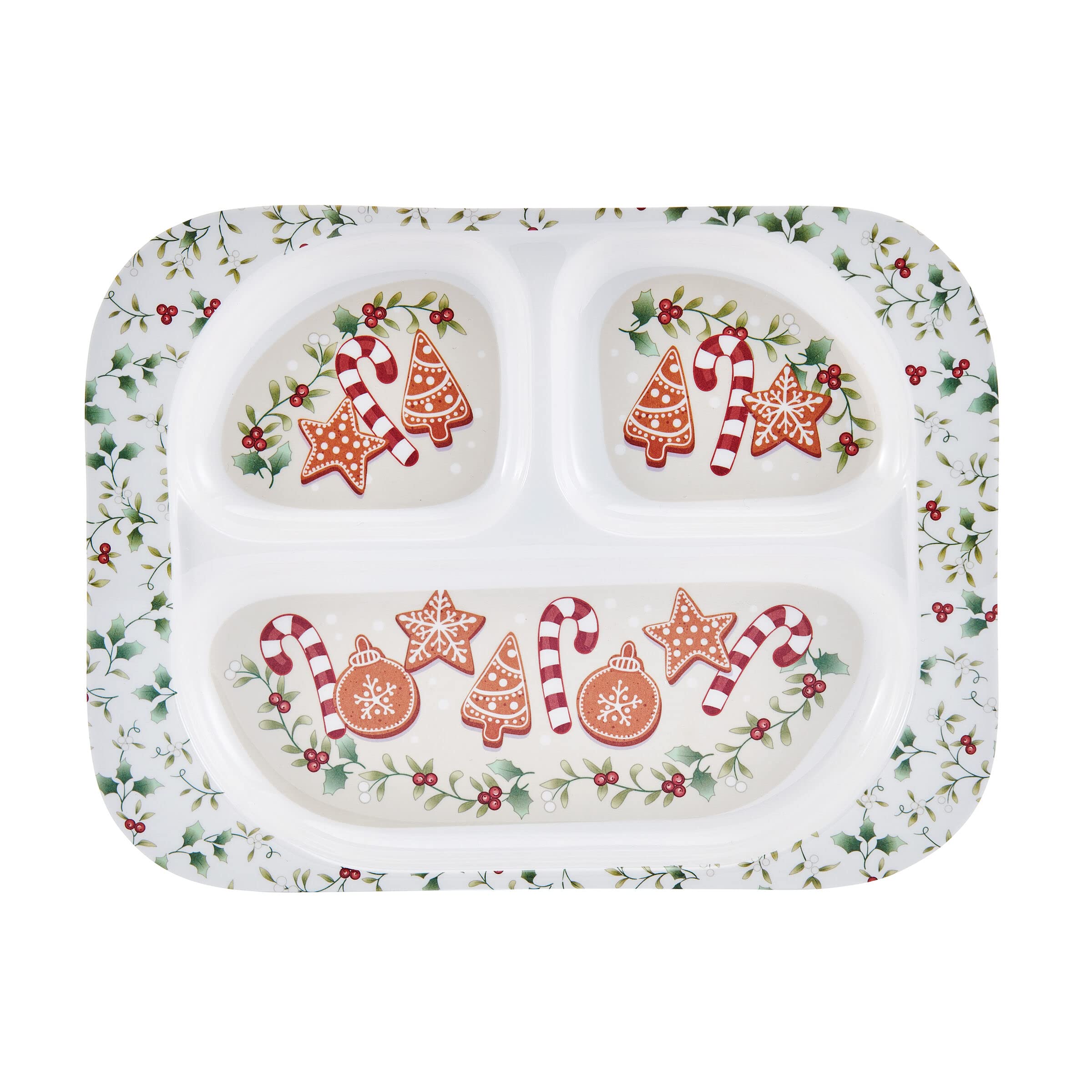 Pfaltzgraff Winterberry close-up of printed holly and candy cane pattern for seasonal charm