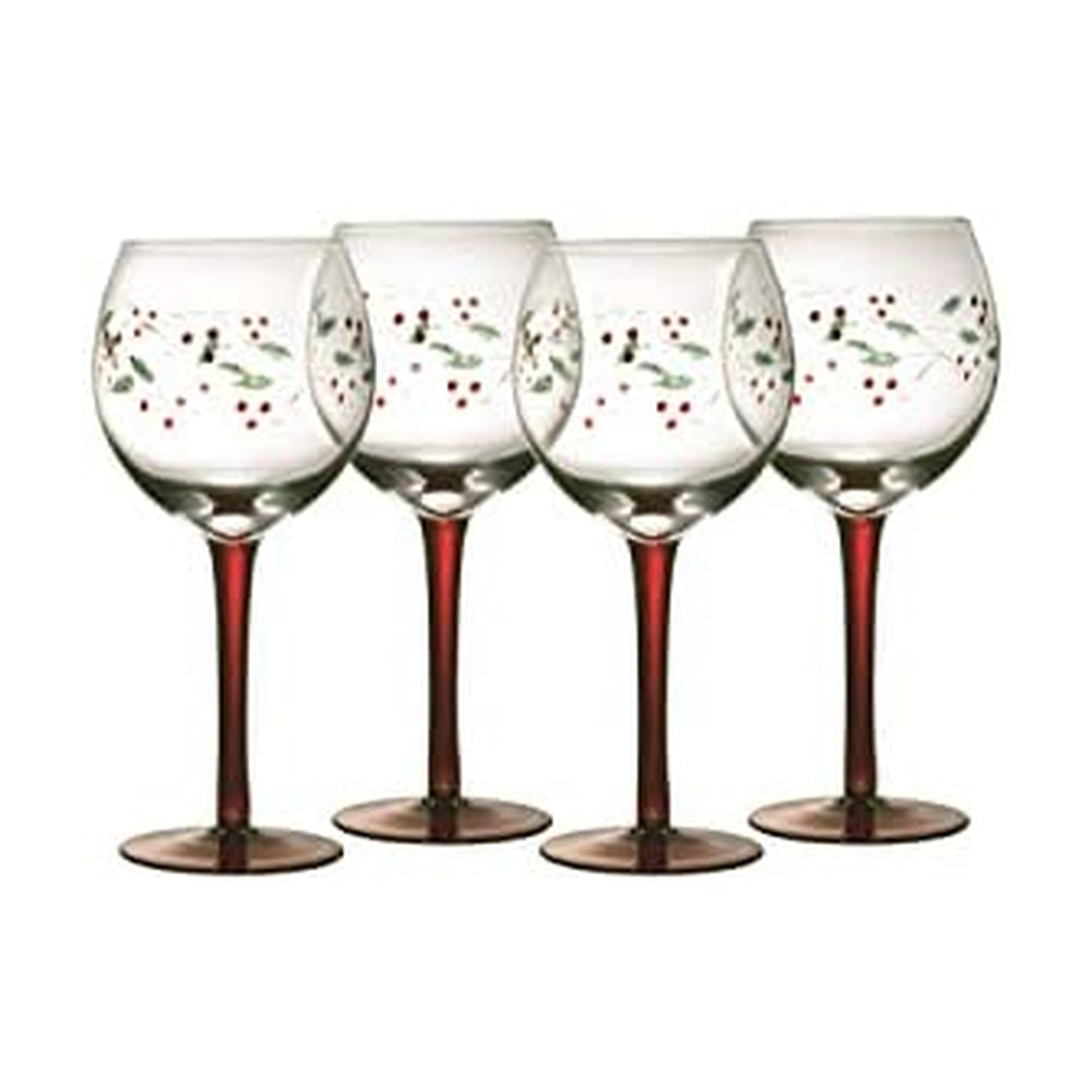 Pfaltzgraff front view of four goblets showing festive design and coordinated look