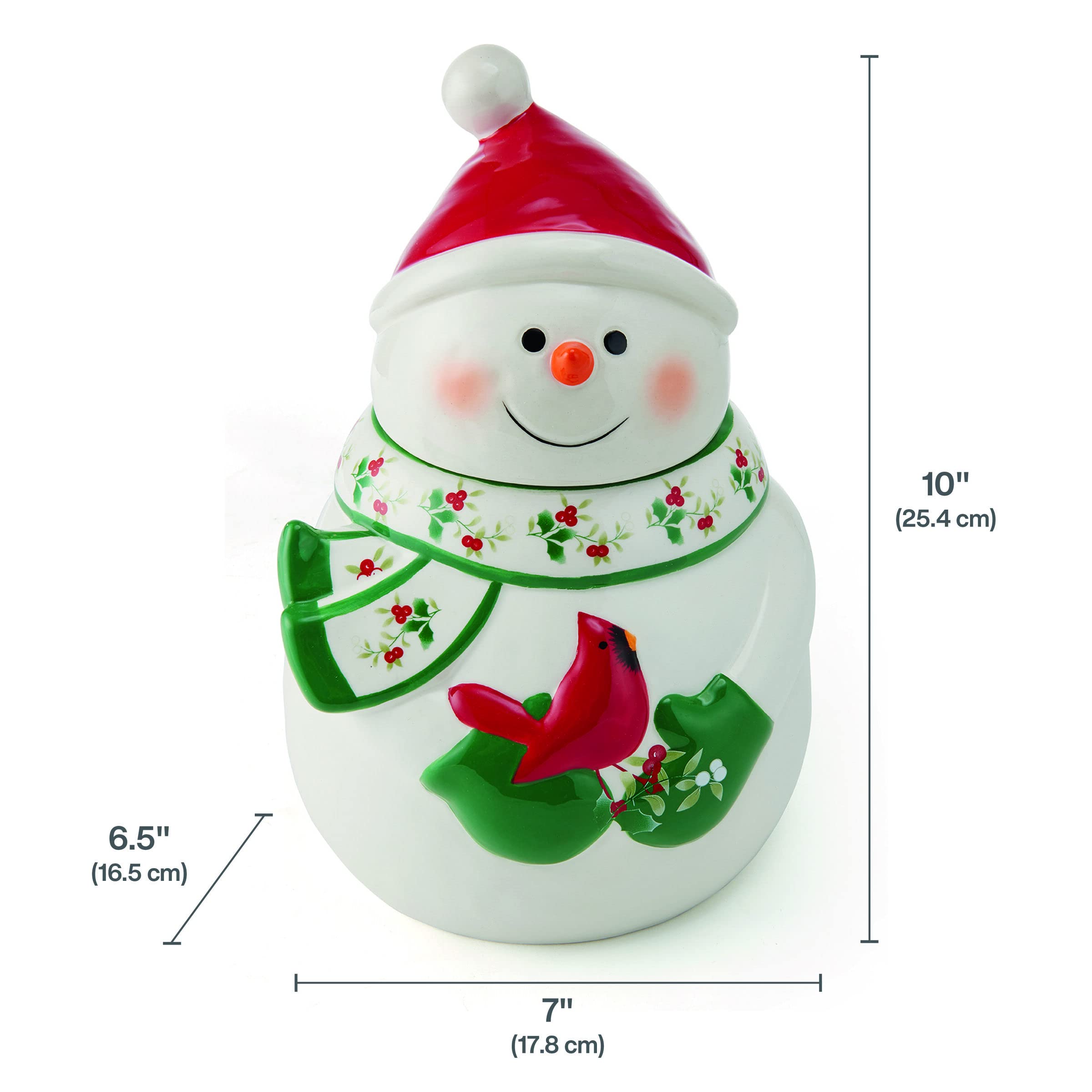 Pfaltzgraff winterberry snowman with lid removed demonstrating easy access and storage benefit