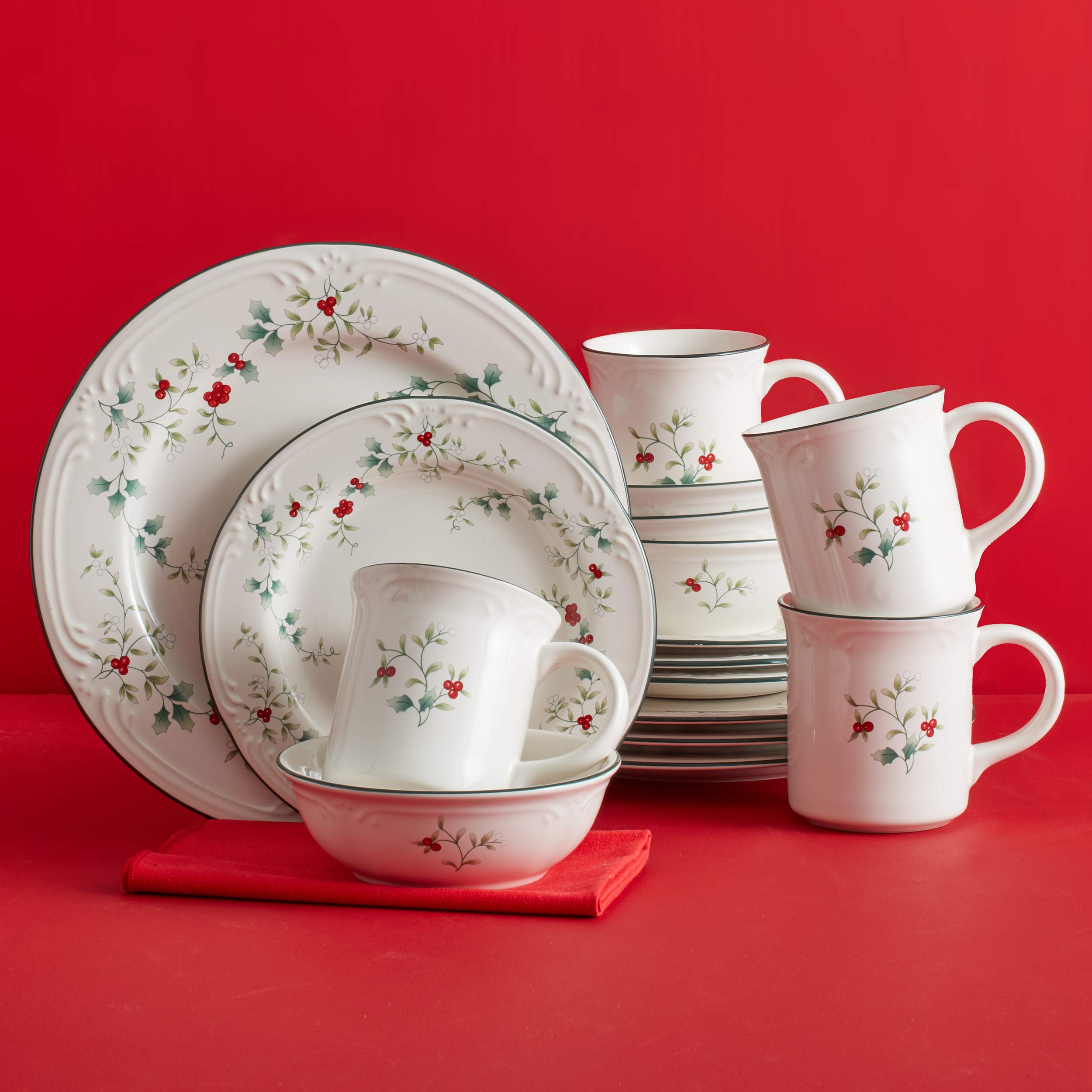Pfaltzgraff stacked Winterberry pieces showing compact storage and space-saving benefit