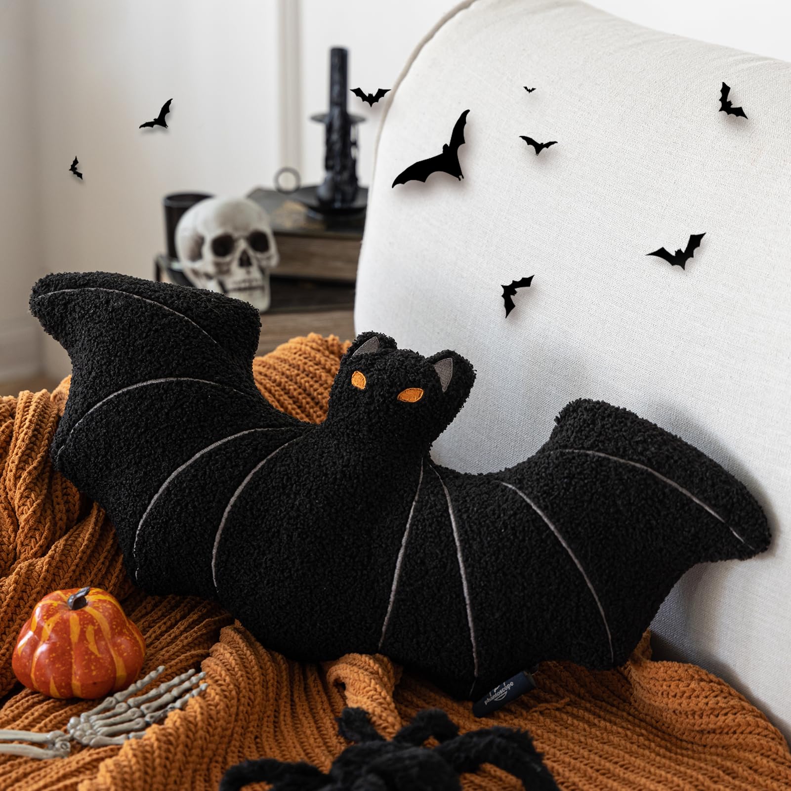 Phantoscope bat pillow front view showing cuddly shape and Halloween charm