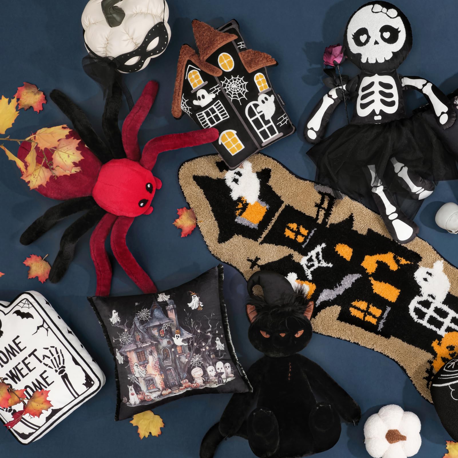 Phantoscope spider pillow placed on porch among Halloween props for curb appeal