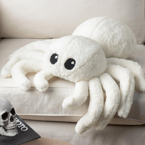 Phantoscope white spider pillow front view showing playful face and fluffy look
