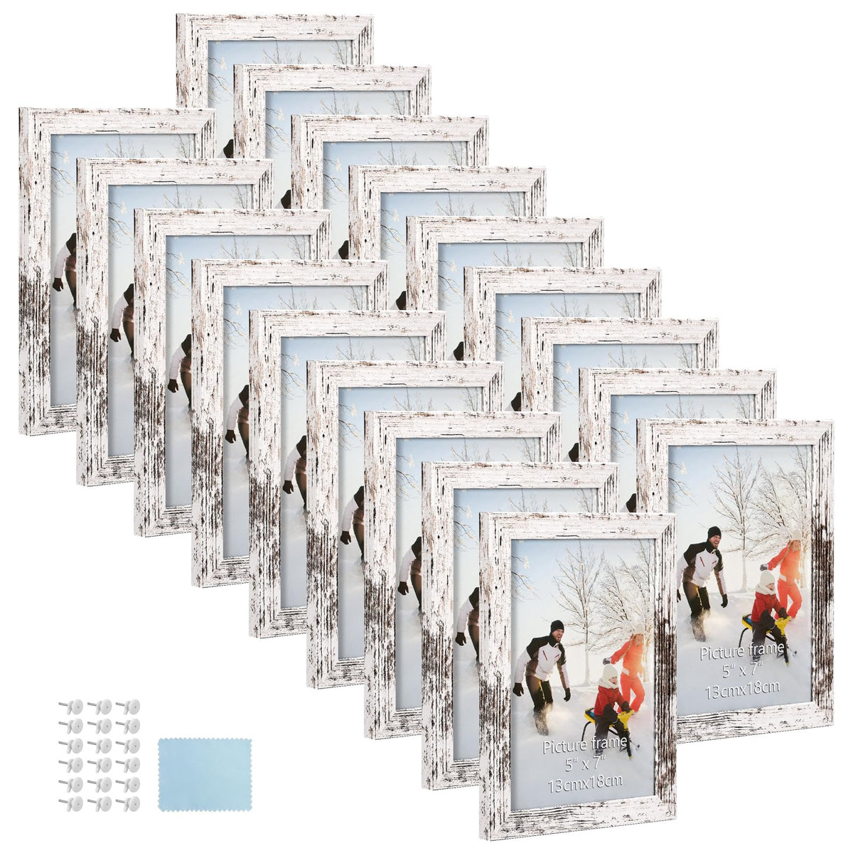 PHAREGE front view of 18-frame set showing uniform distressed-white finish and value
