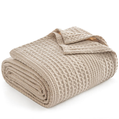 PHF blanket front flat lay in light tan showing full queen coverage and neat drape