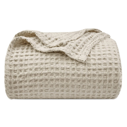 PHF blanket front folded in light khaki shows neat styling and cozy look