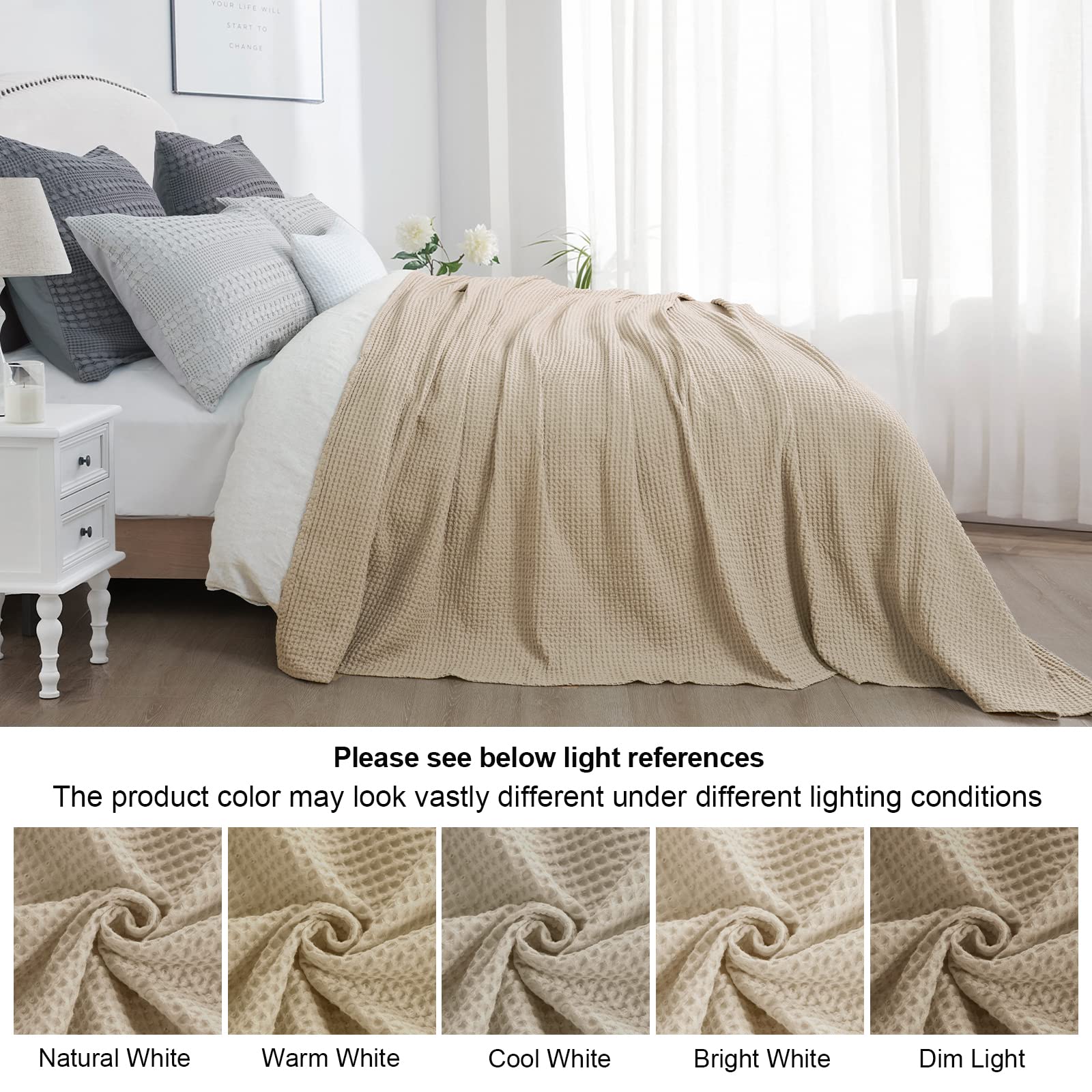 PHF blanket in a neutral bedroom setting showing boutique hotel aesthetic and calm mood