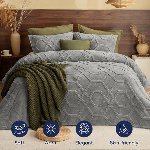 PHF comforter on styled bed in a room showing modern decor integration