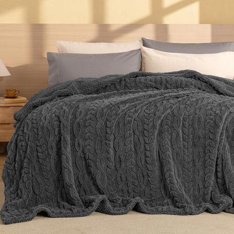 PHF front view of queen sherpa blanket showing plush dark grey comfort