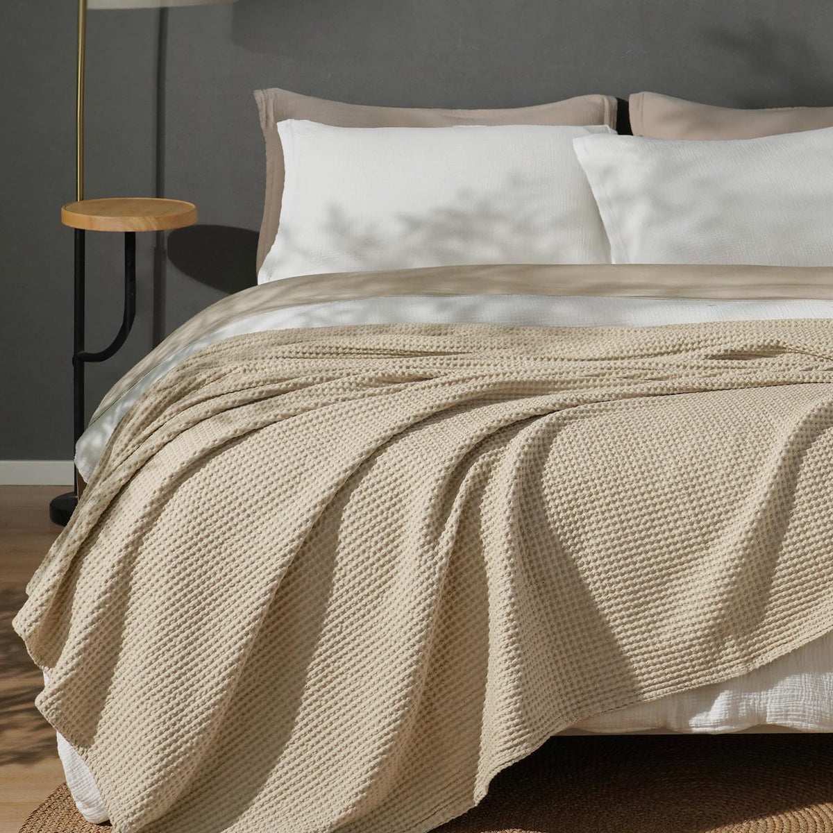 PHF king blanket front view showing neat waffle texture and versatile taupe color for styling
