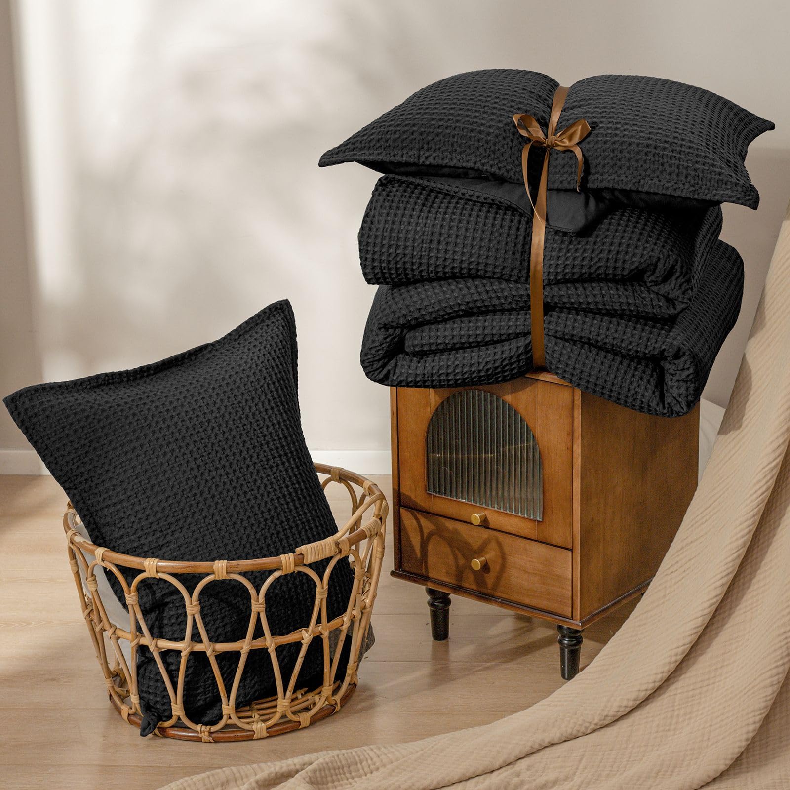 PHF styled bedroom scene showing black comforter versatility and modern decor fit