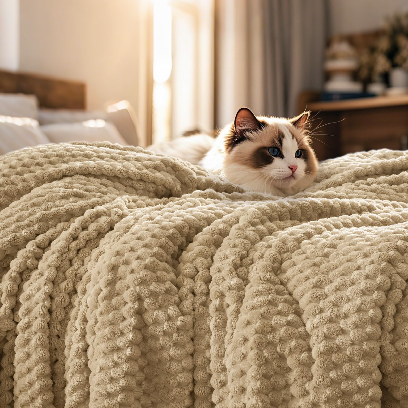 PHF queen fleece blanket front view showing khaki color and full coverage warmth