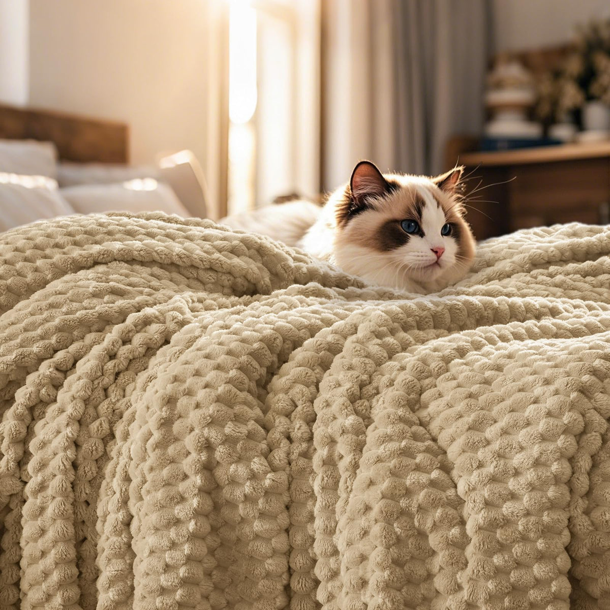 PHF queen fleece blanket front view showing khaki color and full coverage warmth