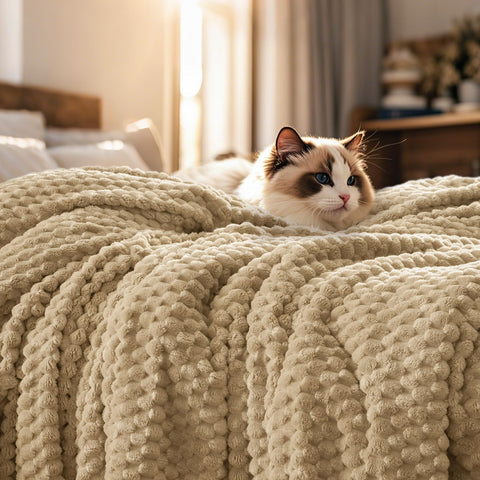 PHF queen fleece blanket front view showing khaki color and full coverage warmth