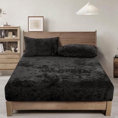 PHF front view of black velvet fitted sheet showing plush luxury and neat fit