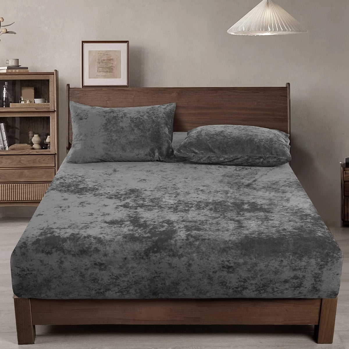 PHF velvet fitted sheet front packaging shows charcoal color and luxury appeal