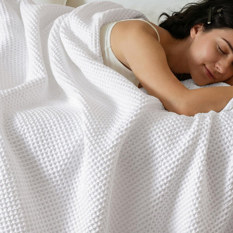 PHF waffle blanket front flat lay showing clean white texture and breathable comfort