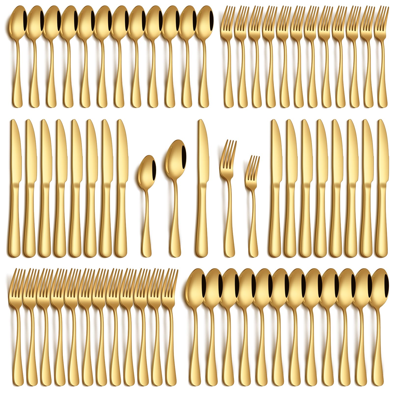 PHILIPALA front view of full 60-piece gold flatware set showcasing complete service