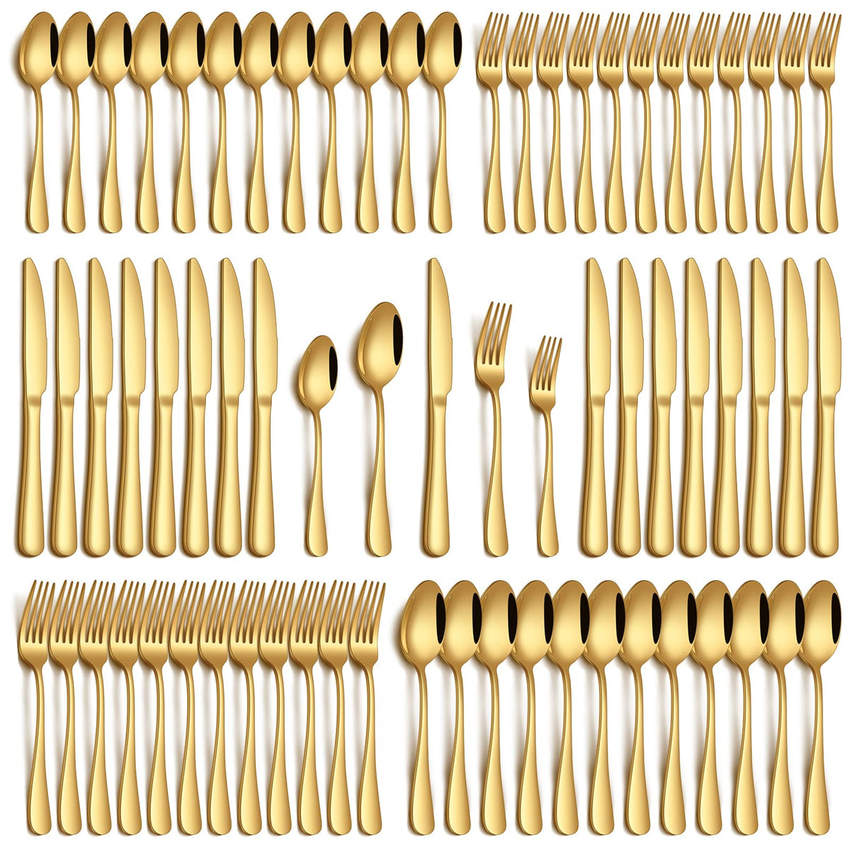 PHILIPALA front view of full 60-piece gold flatware set showcasing complete service