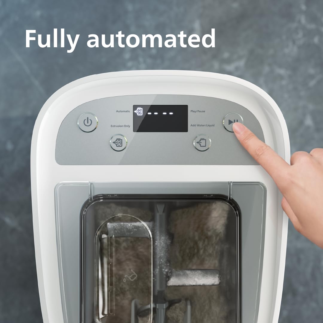 Philips 7000 beside a hand showing size comparison and compact countertop convenience