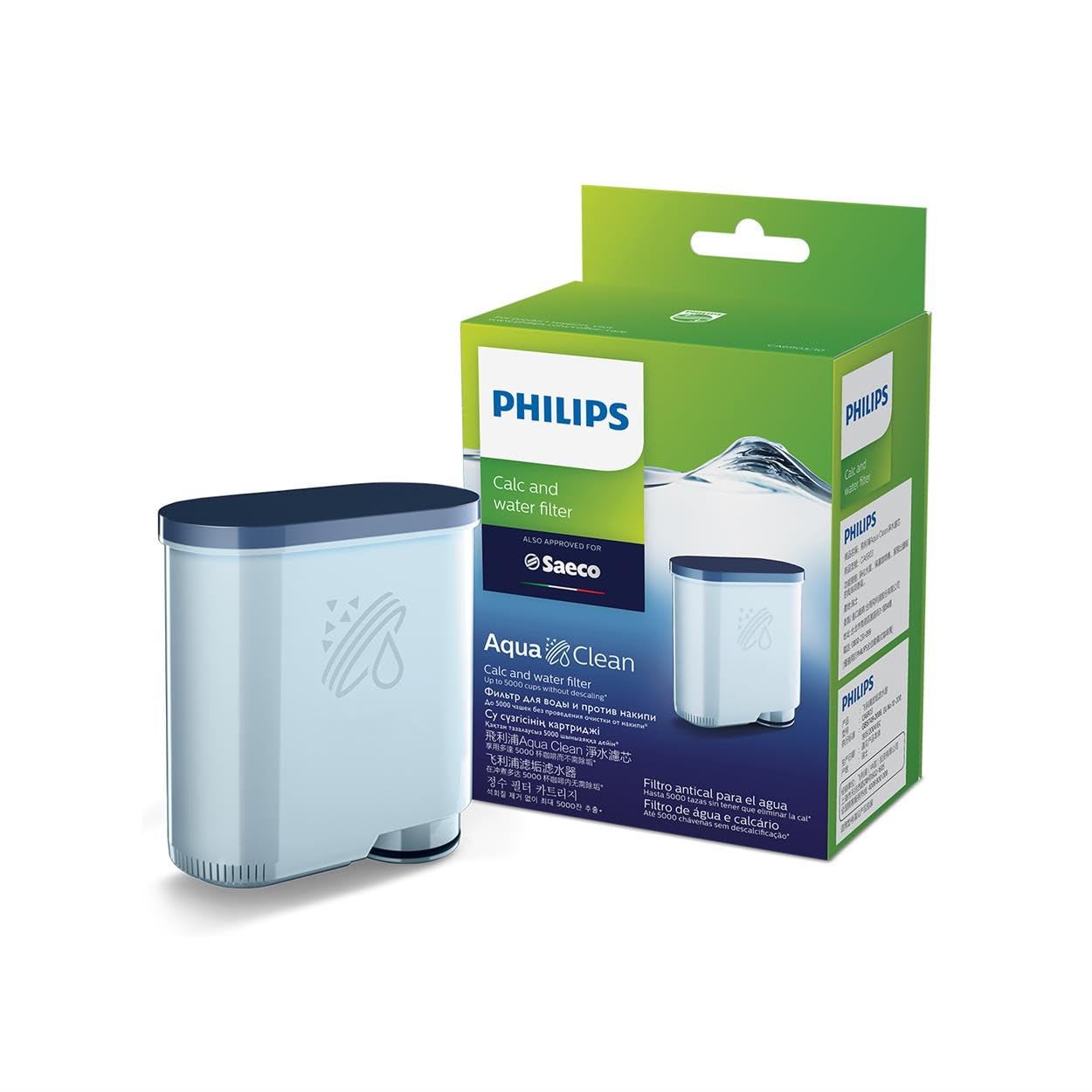 Philips AquaClean front packaging showing two filter pack and benefits