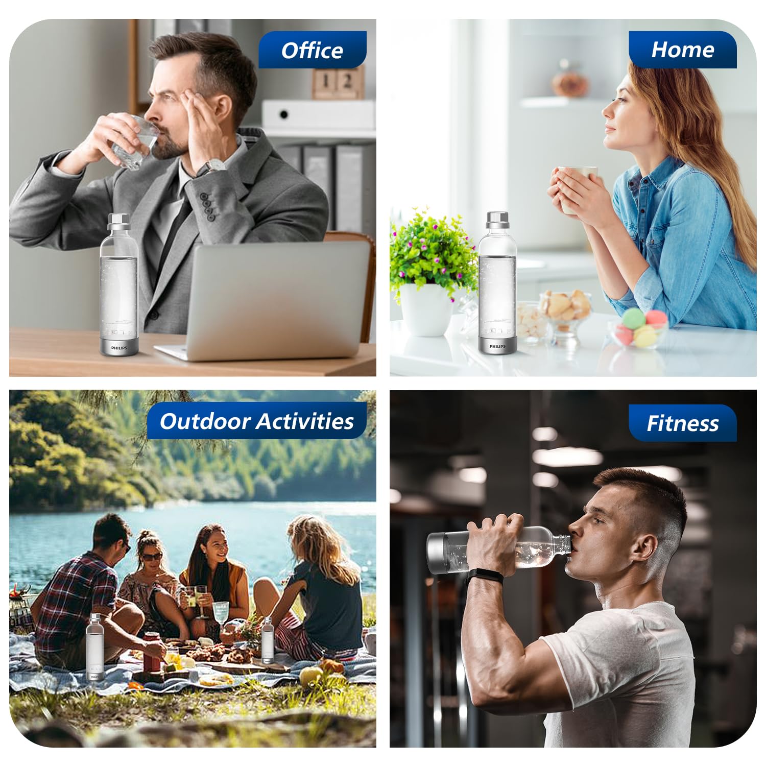 PHILIPS bottle next to glass for scale showing 1L capacity benefit for servings