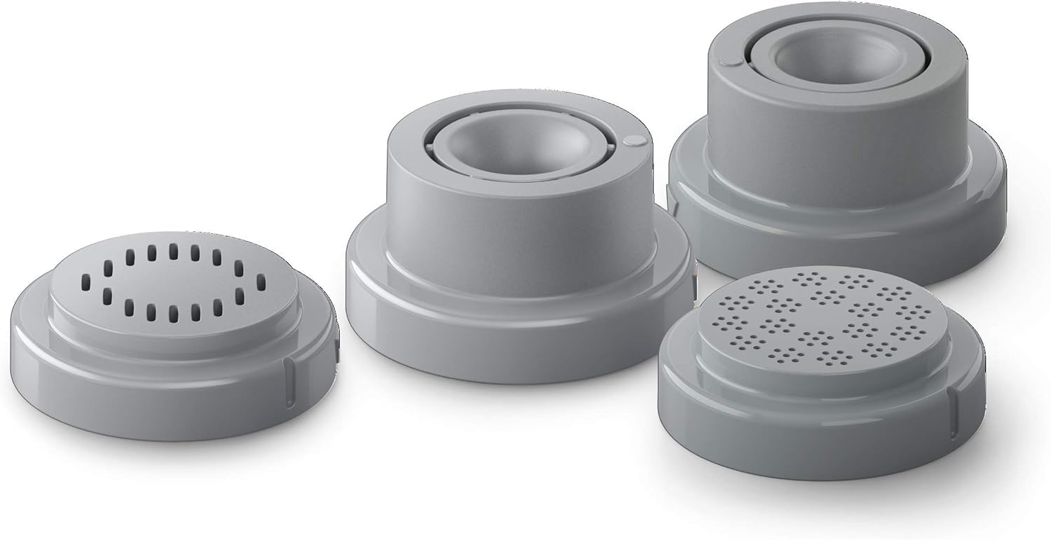 Philips compact pasta maker front view showing included discs and easy shape switching benefit