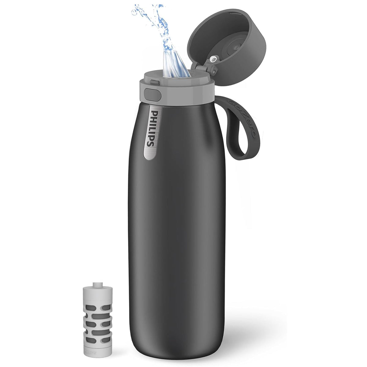 PHILIPS front view of bottle showing sleek black finish and leakproof design benefit