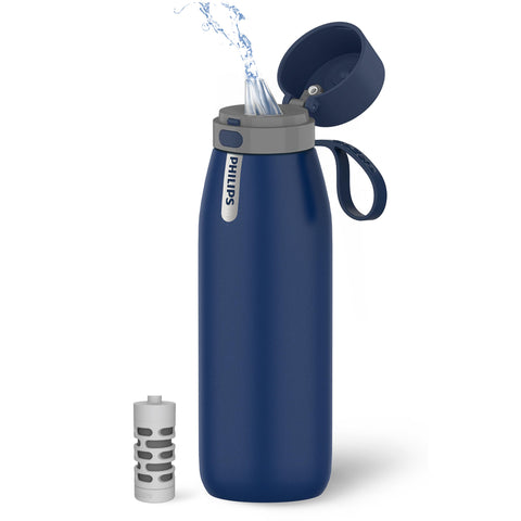 PHILIPS bottle front view showing blue finish and logo and portable hydration benefit