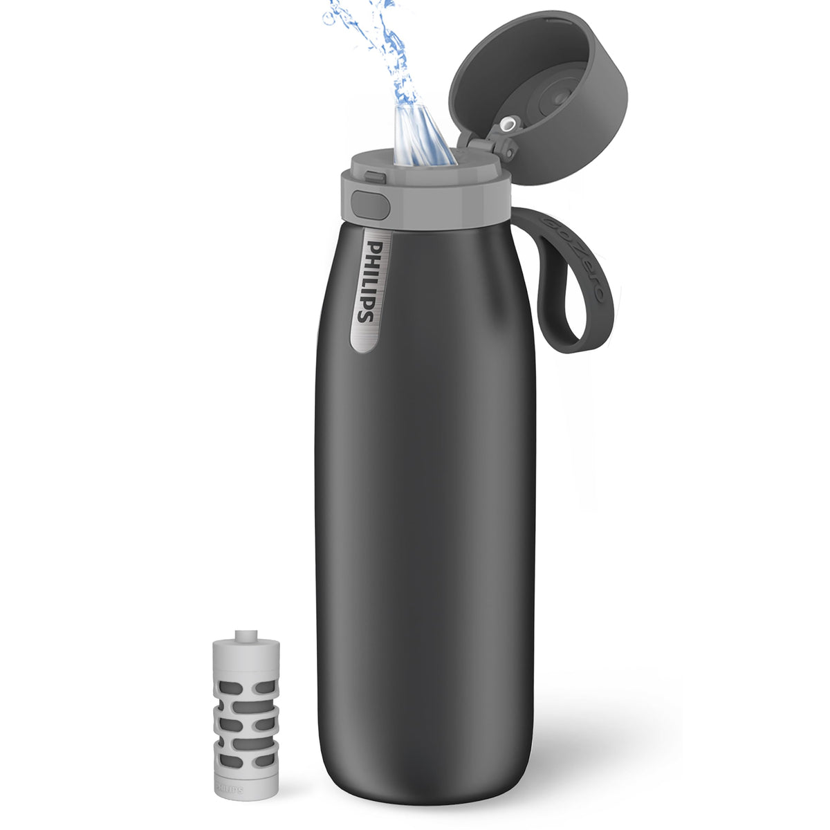 PHILIPS GoZero front view showing grey bottle and easy-carry loop benefit
