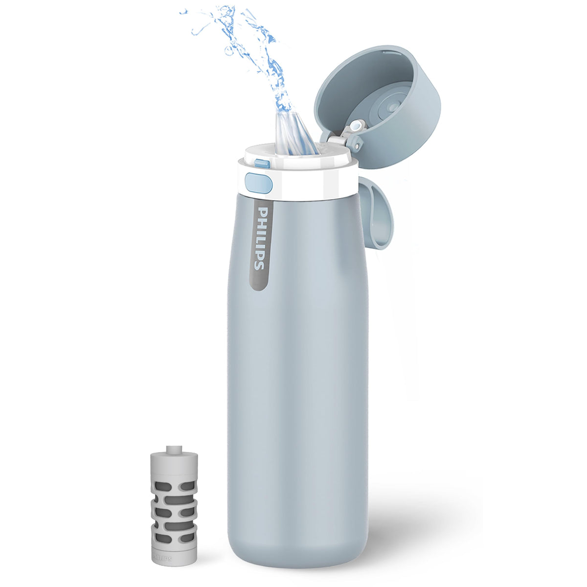 PHILIPS GoZero front view showing sleek blue bottle and branding, highlights portability