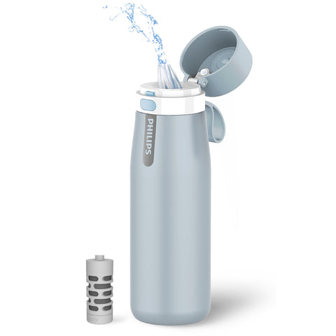 PHILIPS GoZero front view showing sleek blue bottle and branding, highlights portability