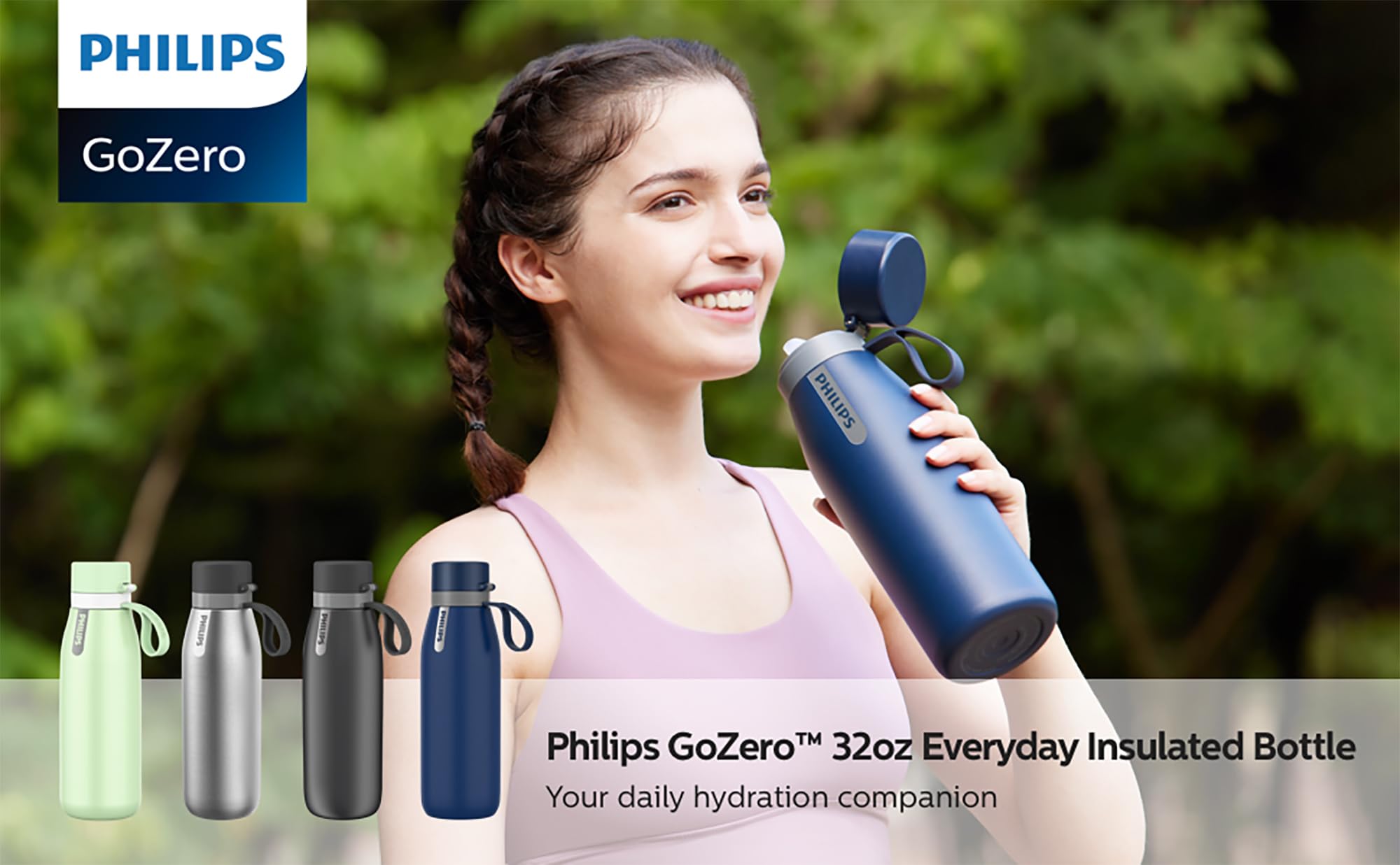 PHILIPS bottle next to water glass for size comparison and 32oz capacity clarity
