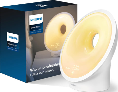 Philips HF3650 front view showing lamp and benefits of gentle wake-ups