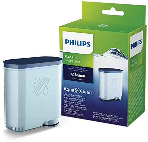 PHILIPS Saeco front packaging showing four AquaClean filters and benefits