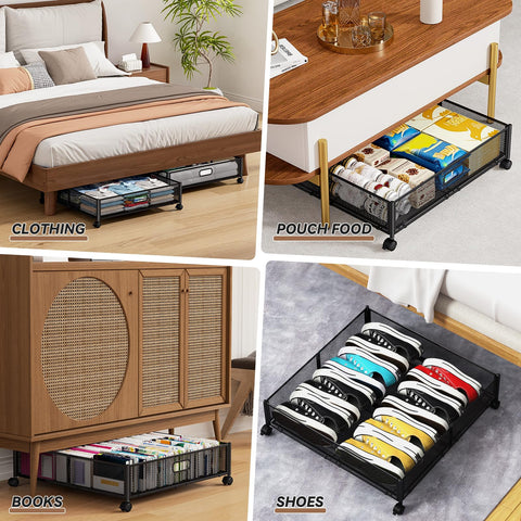 PHINOX under-bed storage pulled out filled with clothing showing convenience benefit quick retrieval