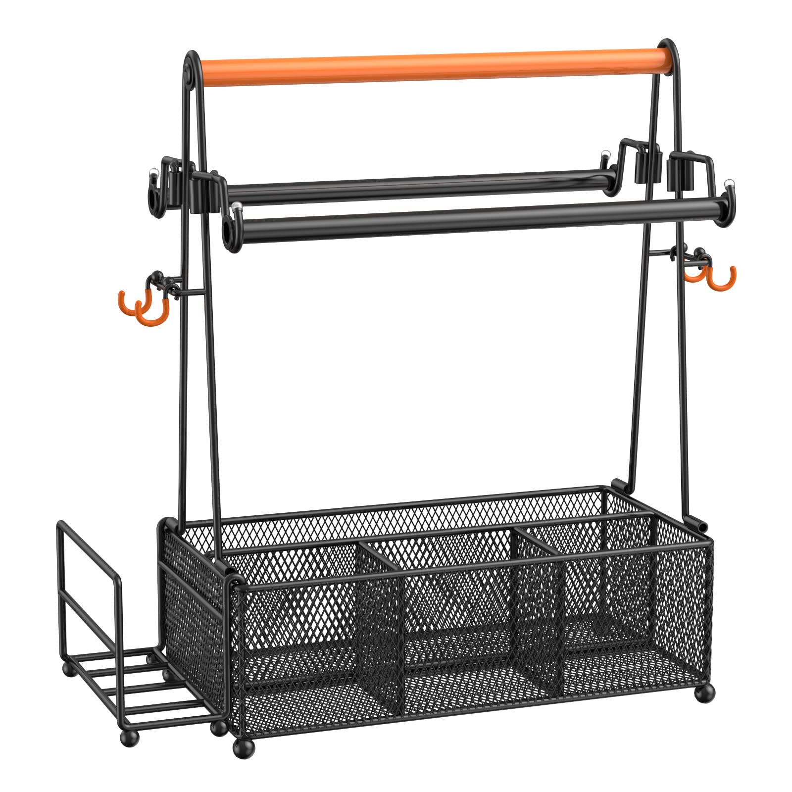 PHINOX front view of black utensil caddy showing compartments and handle, tidy organization benefit