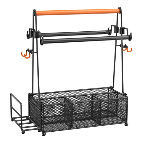 PHINOX front view of black utensil caddy showing compartments and handle, tidy organization benefit
