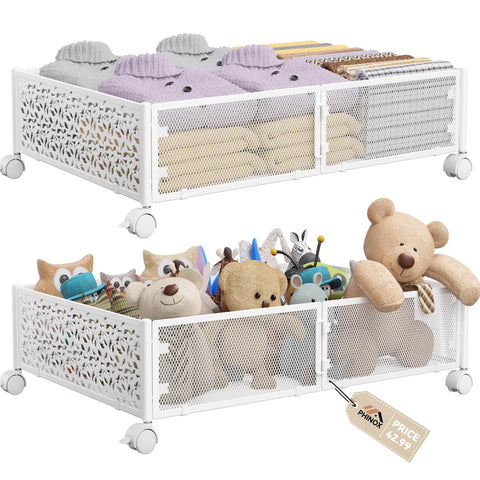 PHINOX front view showing white metal under bed container and organized storage benefit