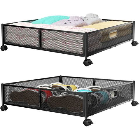 PHINOX front view of metal under-bed storage showing sturdy frame and handle benefit easy access