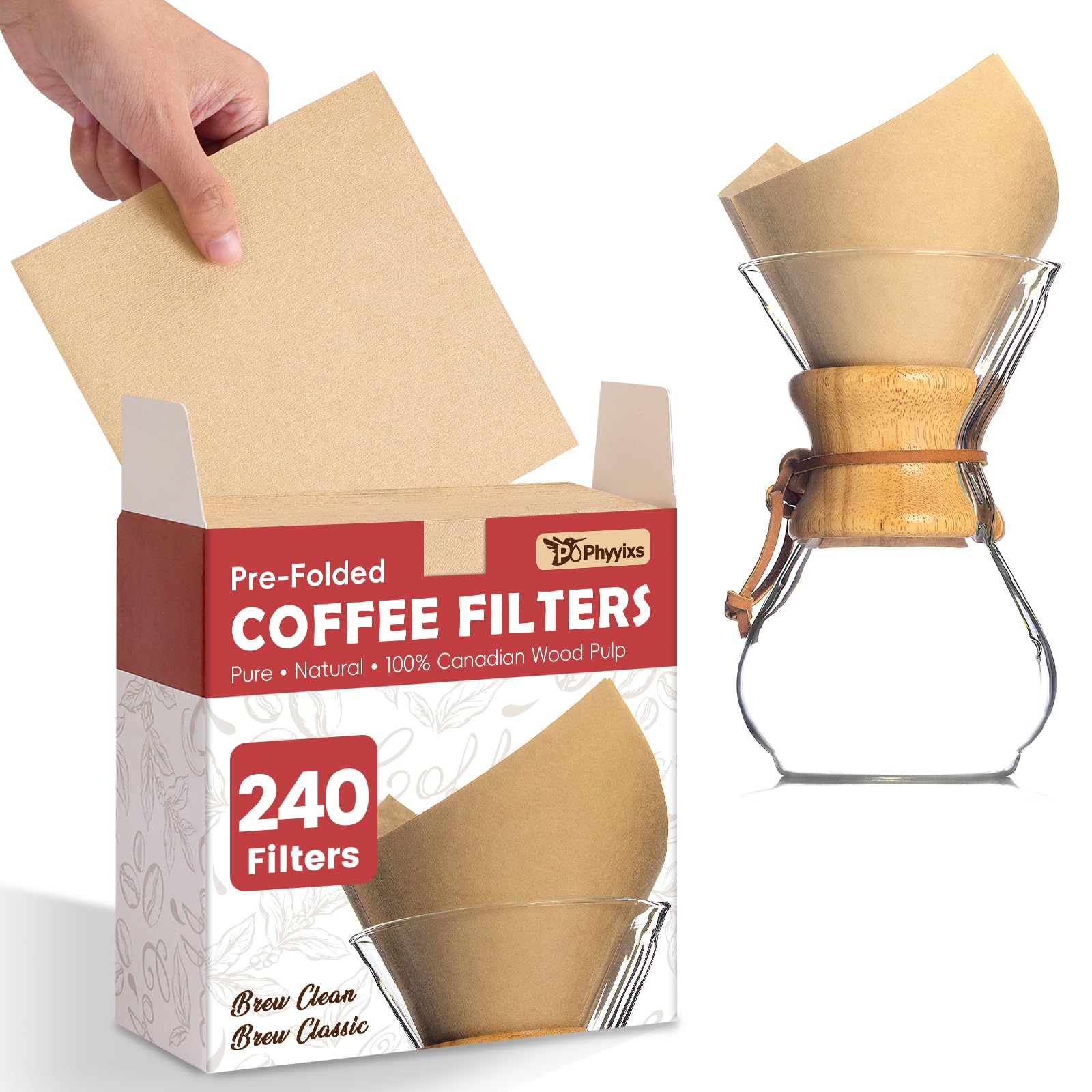 Phyyixs front packaging showing 240 pre-folded cone filters for convenient brewing