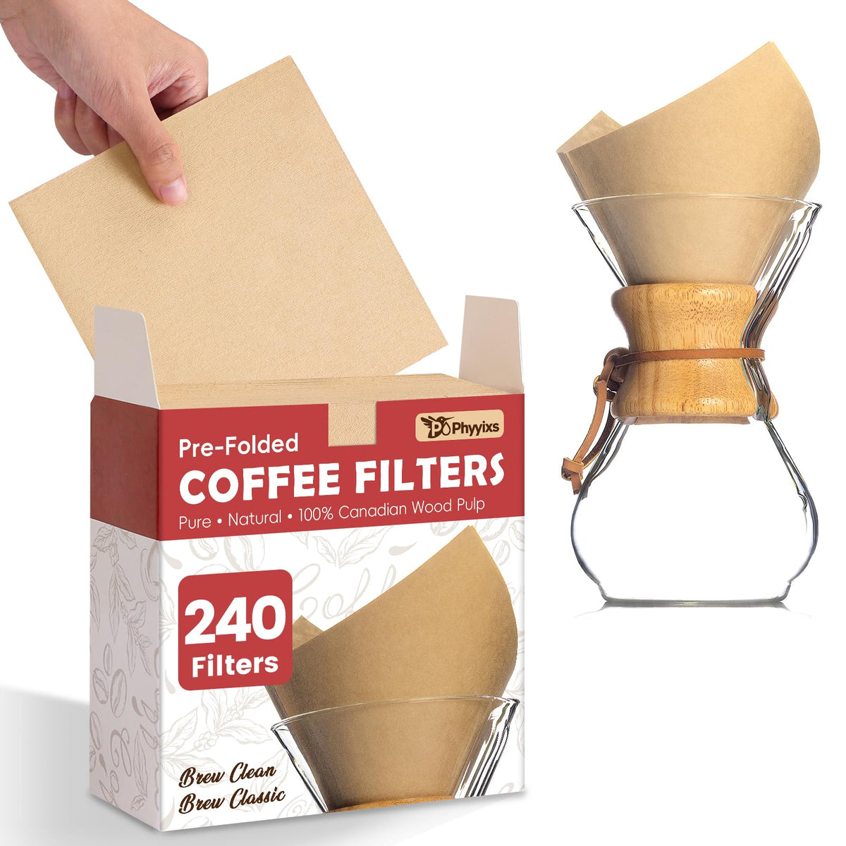 Phyyixs front packaging showing 240 pre-folded cone filters for convenient brewing
