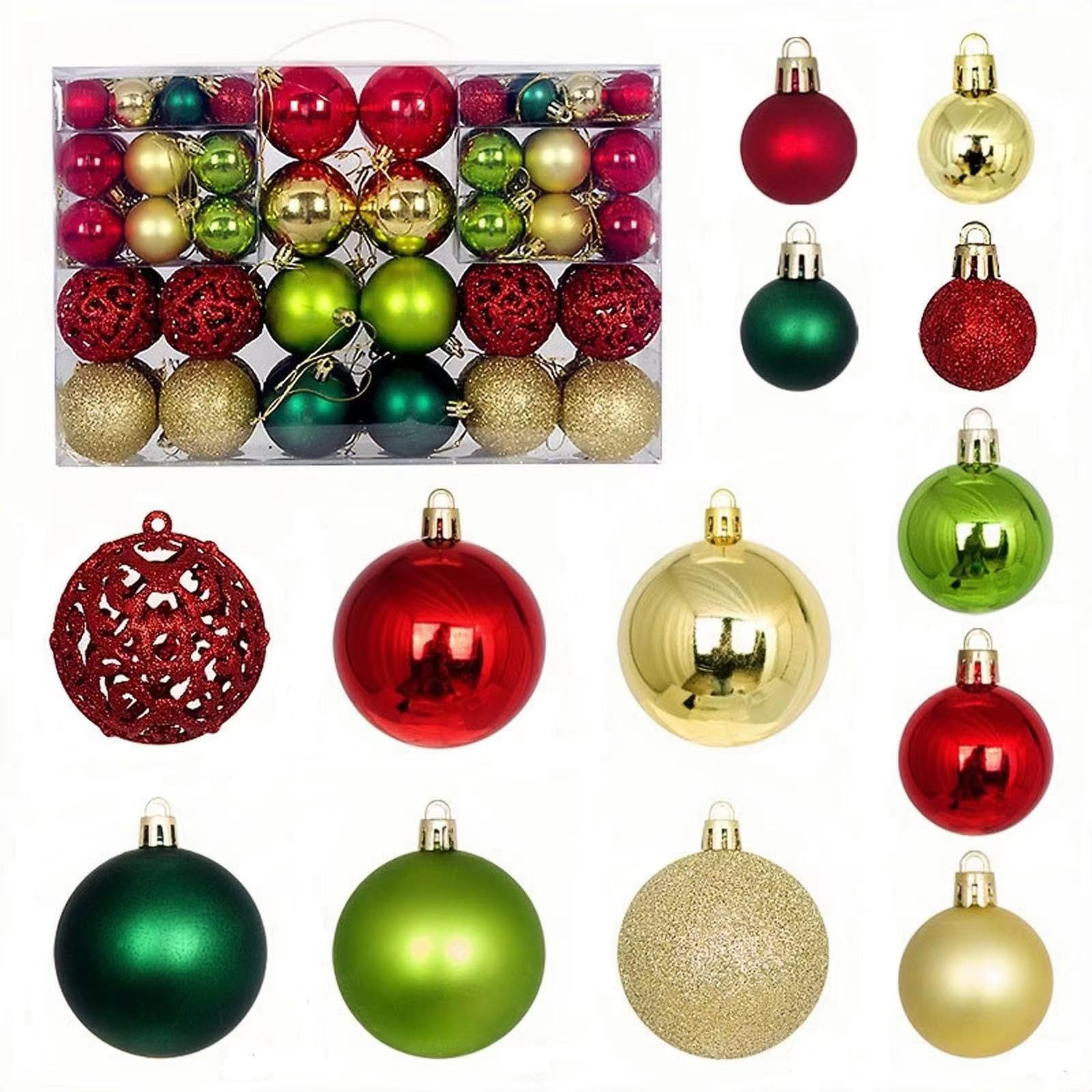 PICKBEAU front view of 100-piece ornament set showing mixed colors and finishes for easy decorating