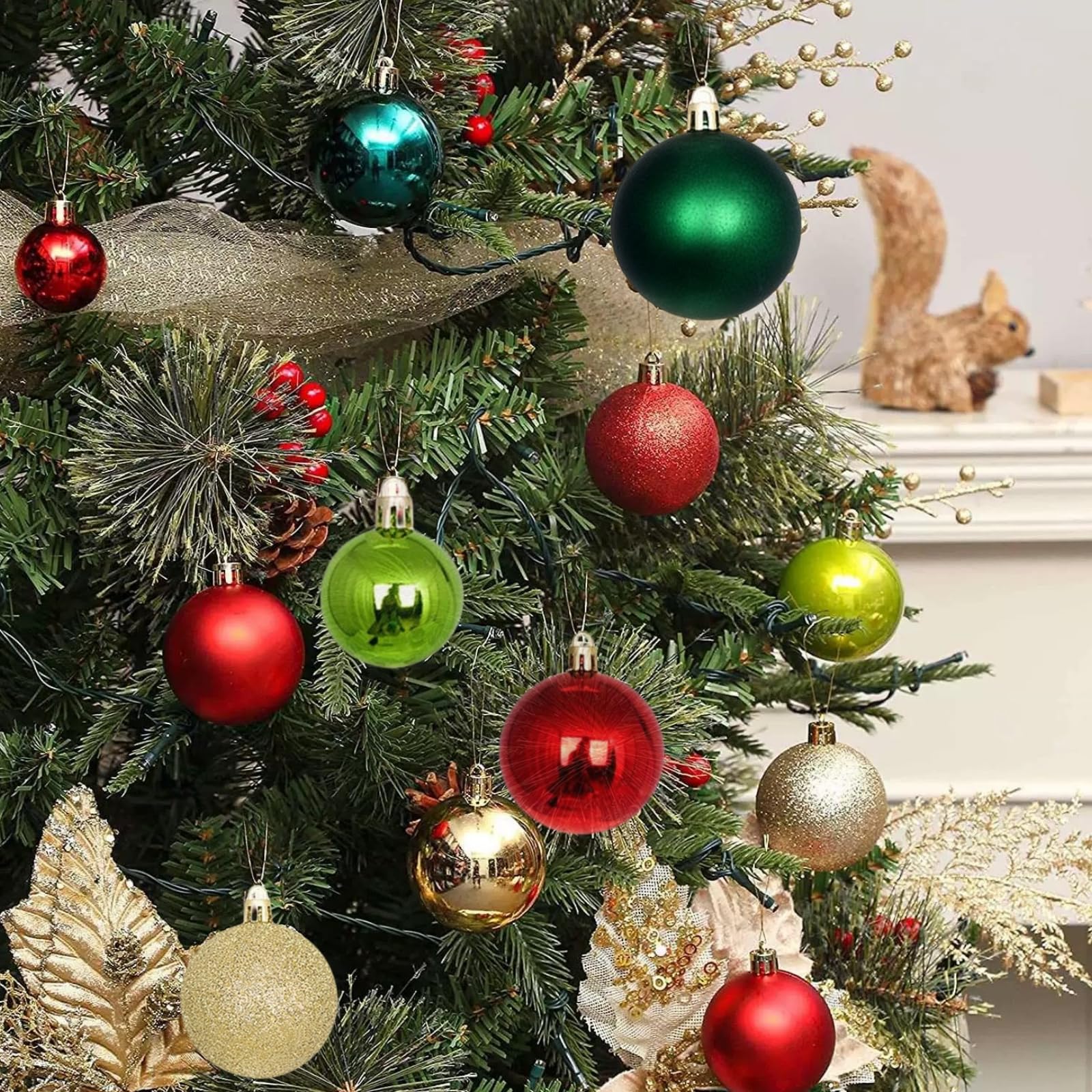 PICKBEAU opened package showing hooks and mixed-size ornaments ready for quick installation
