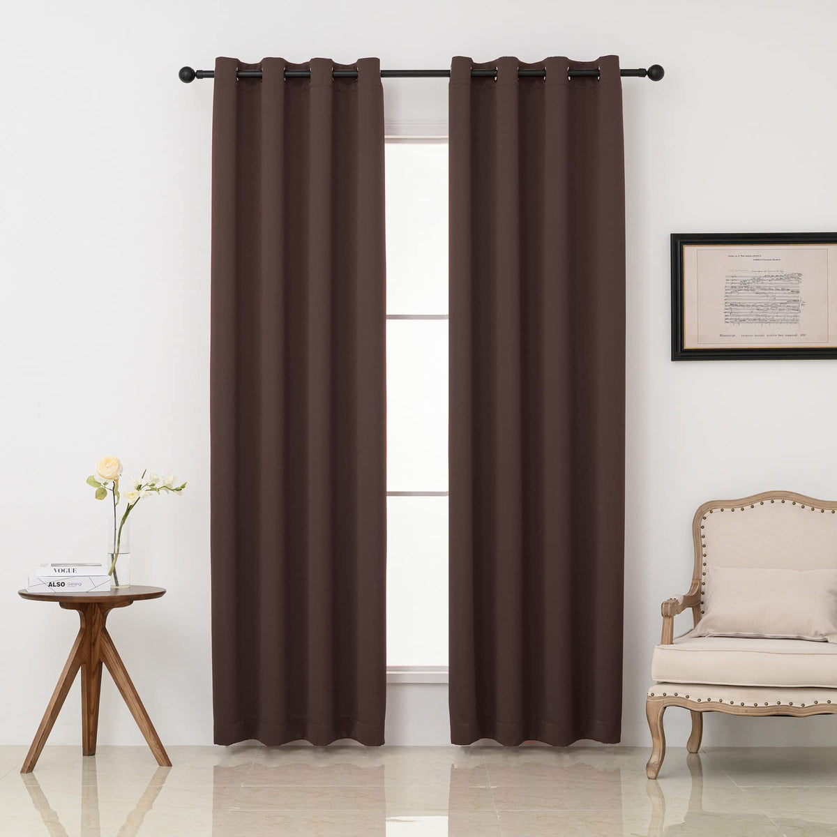 Pickluc front view of chocolate brown panels showing clean modern look and room darkening