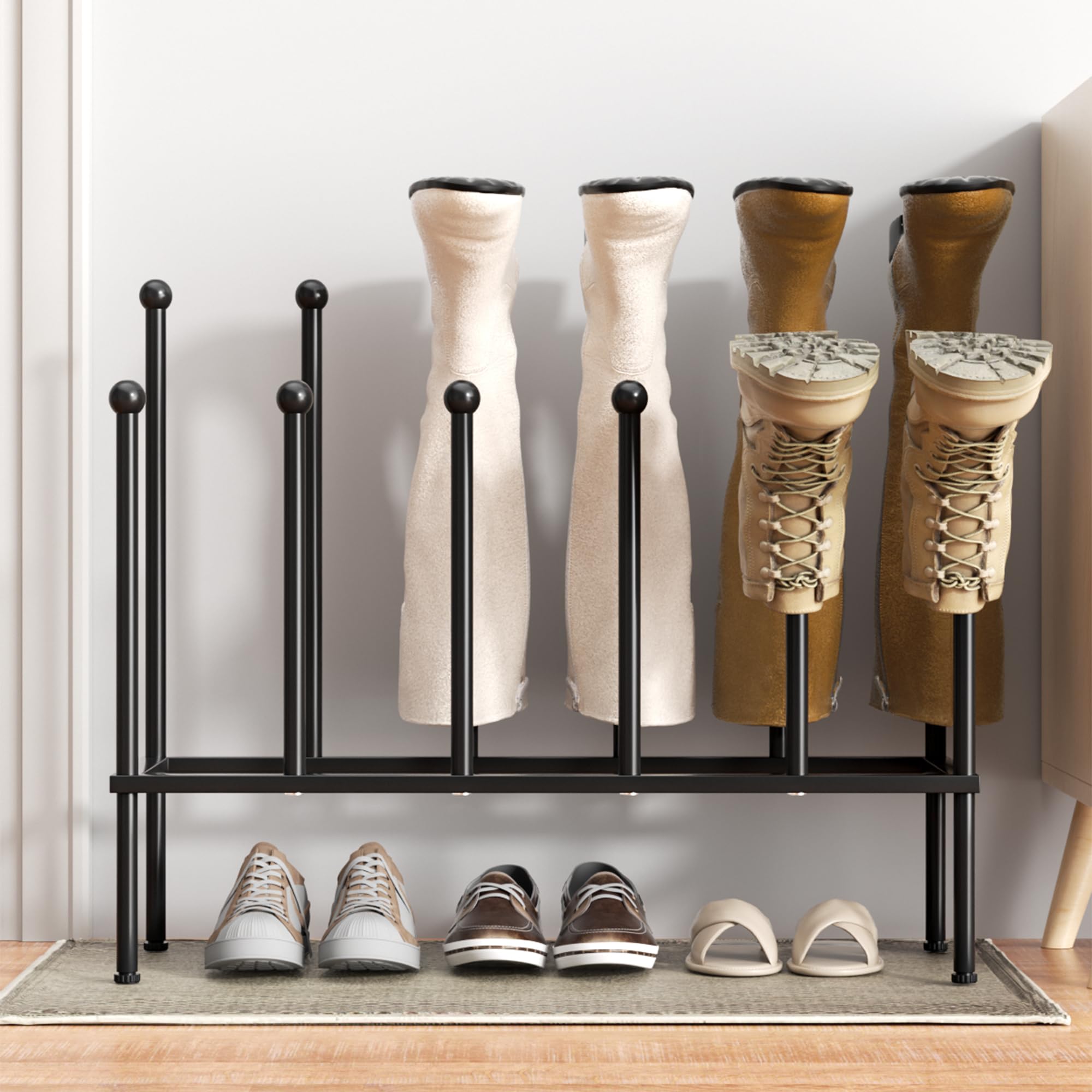 pickpiff front view of black metal boot rack showing clean organization and space saving