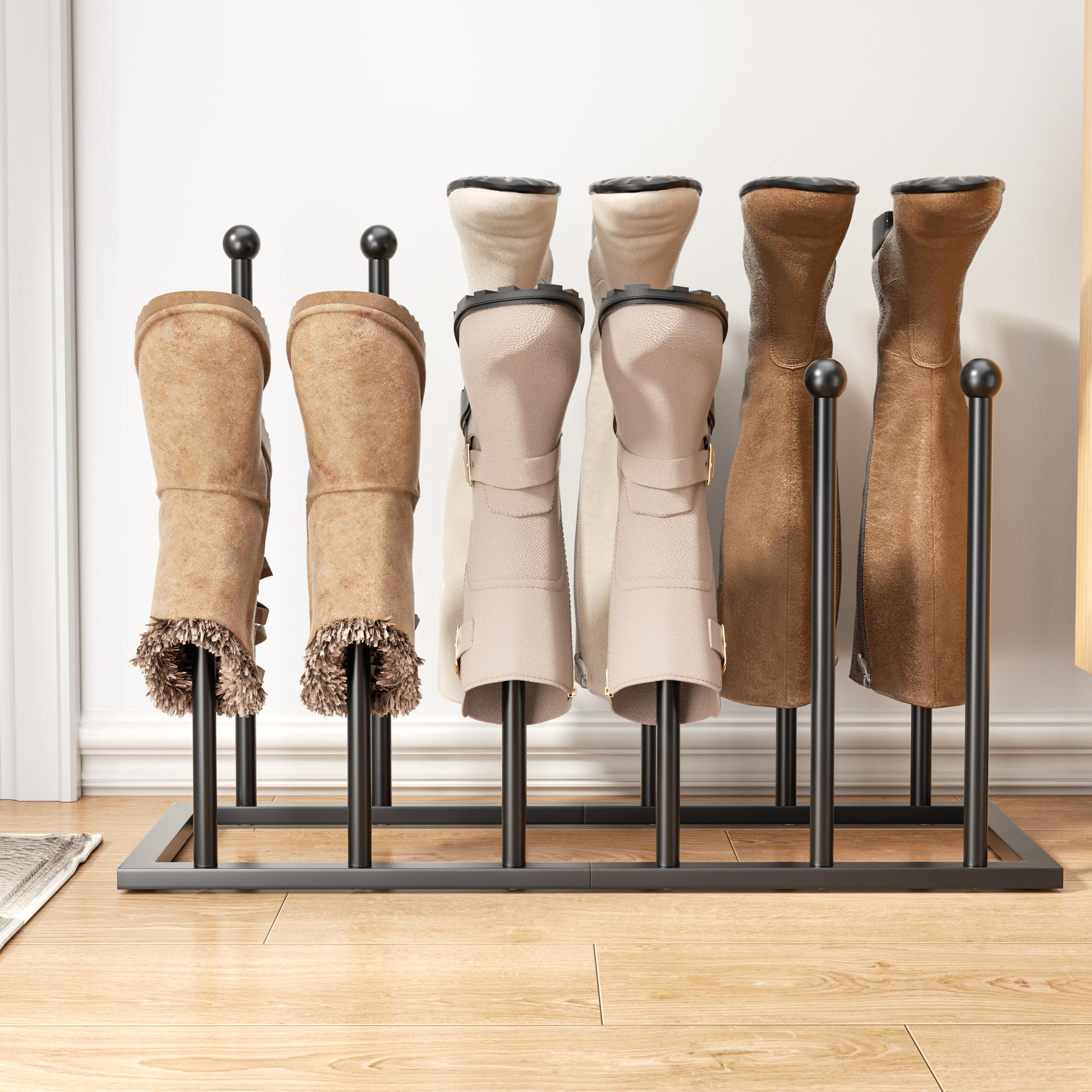 pickpiff front view of black metal boot rack showing six-pair capacity and neat storage