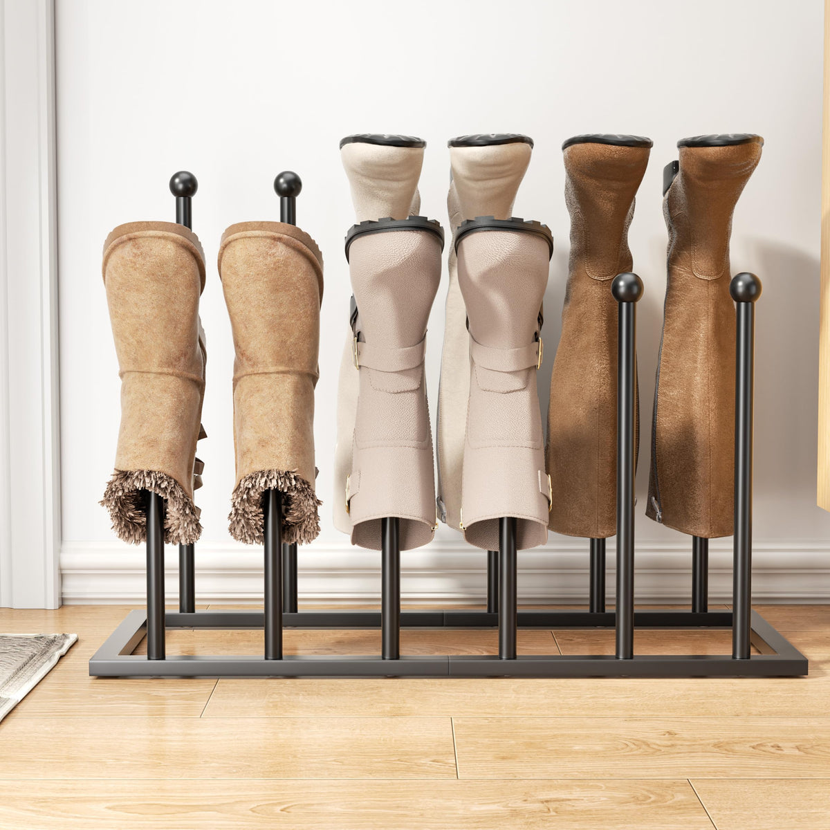 pickpiff front view of black metal boot rack showing six-pair capacity and neat storage