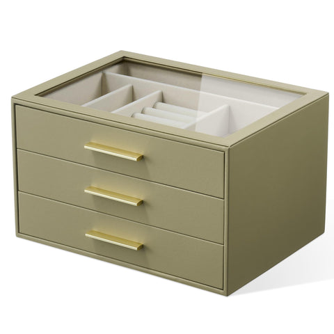 pickpiff front view of olive green jewelry box showing neat storage benefit