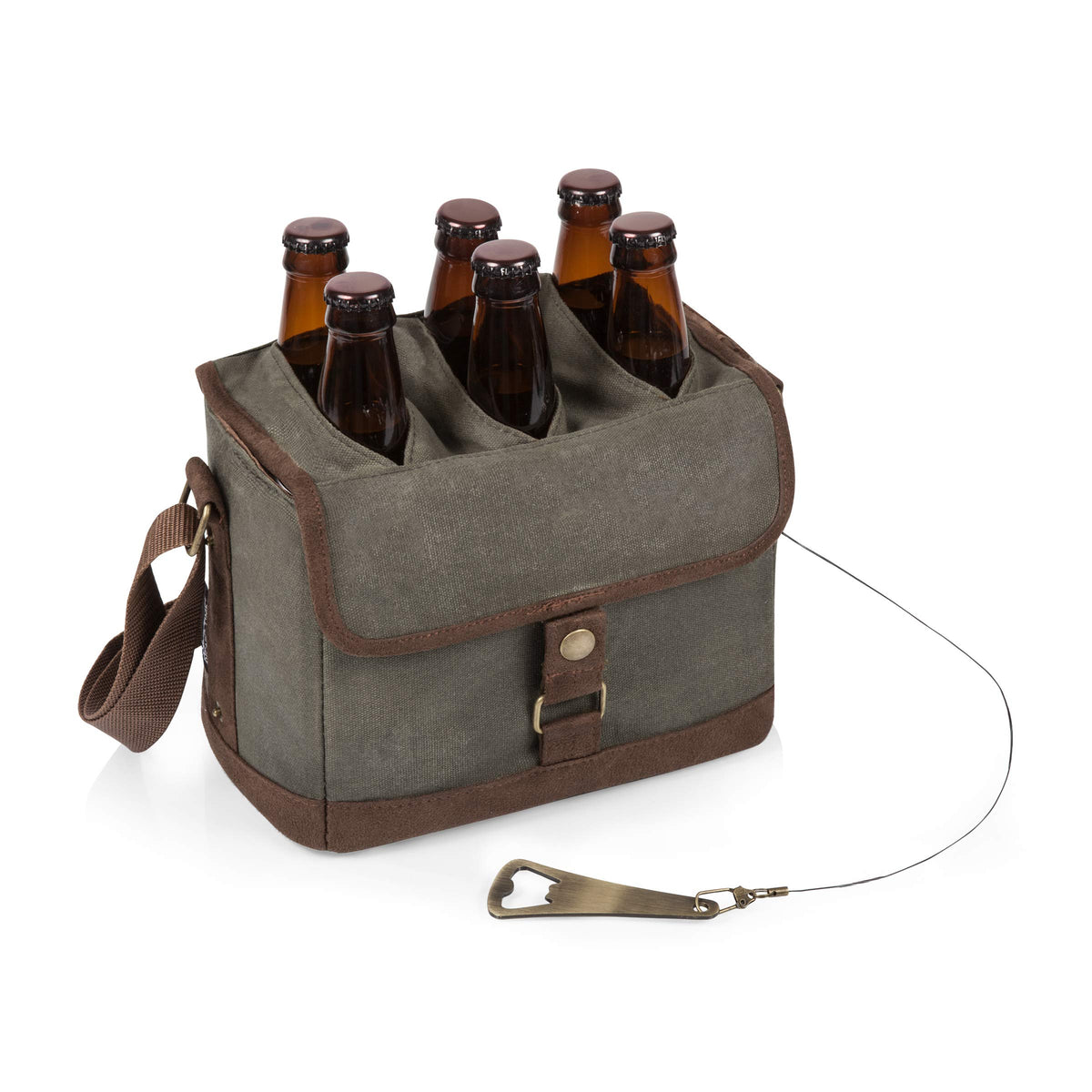 PICNIC TIME beer caddy front view showing durable waxed canvas and handles for lasting use